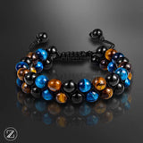 Bracelet shamballa, à deux rangées de perles en oeil de tigre, Lapis-lazuli, et indonésienne noire.