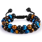 Bracelet shamballa, à deux rangées de perles en oeil de tigre, Lapis-lazuli, et indonésienne noire.